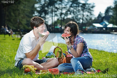 Image of happy young couple having a picnic outdoor