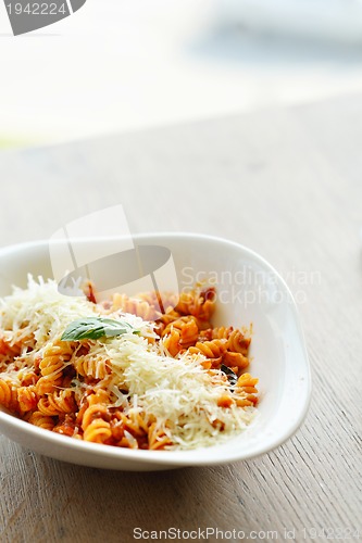 Image of spaghetti pasta with tomato beef sauce