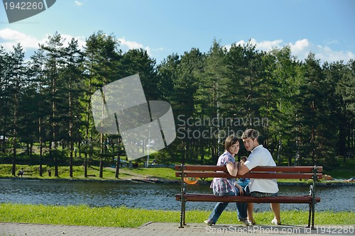 Image of romantic young couple in love together outdoor