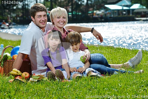 Image of Happy family playing together in a picnic outdoors