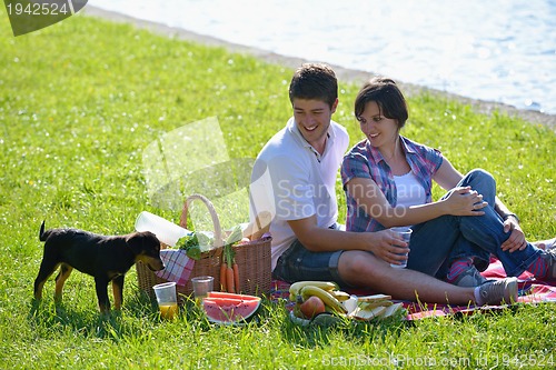 Image of happy young couple having a picnic outdoor