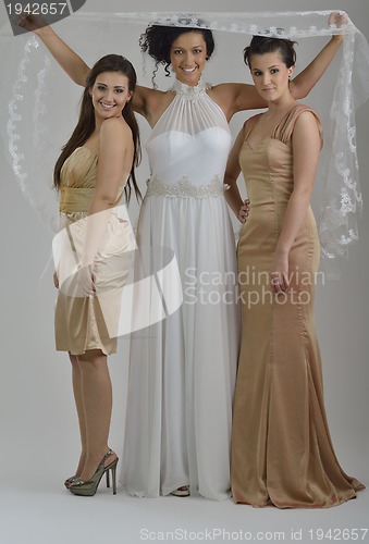 Image of portrait of a three beautiful woman in wedding dress