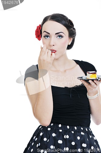 Image of pinup retro  woman with travel bag isolated