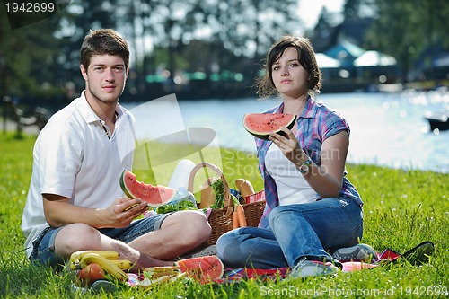 Image of happy young couple having a picnic outdoor