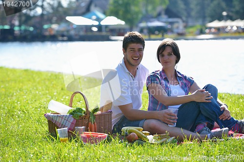 Image of happy young couple having a picnic outdoor
