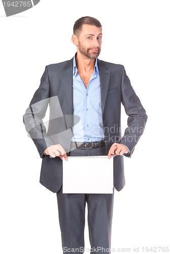 Image of Portrait businessman showing an empty board to write