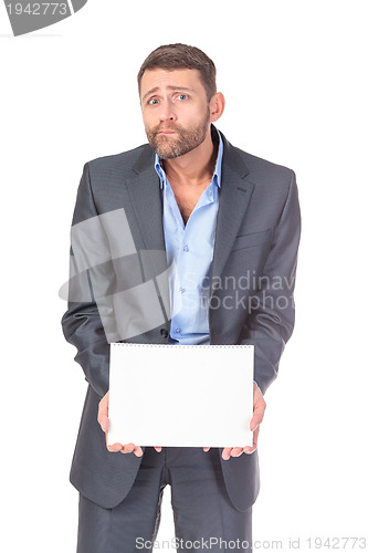 Image of Portrait businessman showing an empty board to write