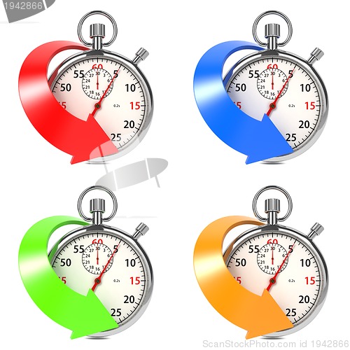 Image of Stopwatch with Colored Arrow. Set on White.