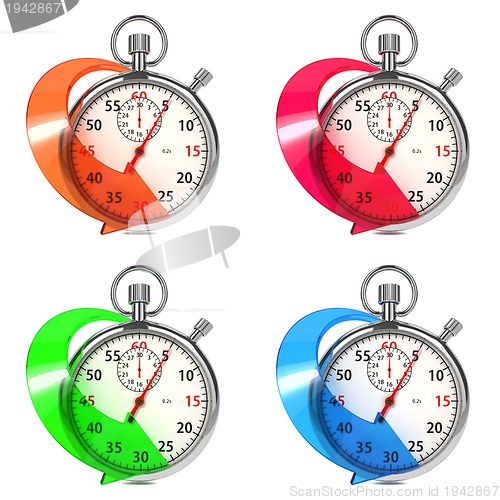 Image of Stopwatch with Colored Arrow. Set on White.