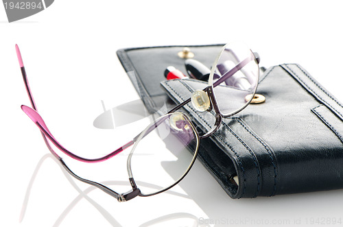 Image of Leather pencil case and glasses