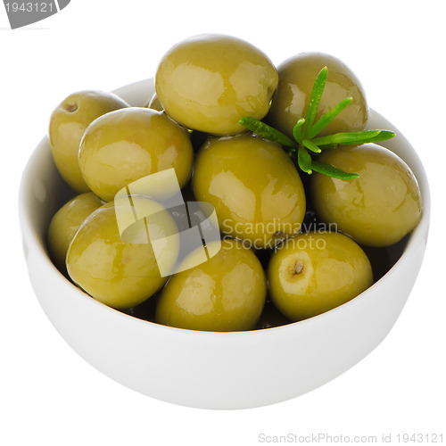 Image of Green olives in a white ceramic bowl