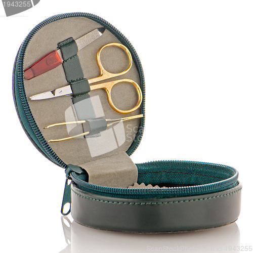 Image of Small green leather travel care kit