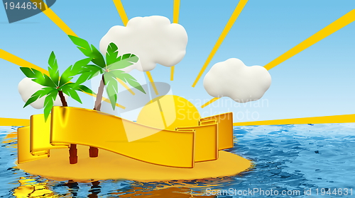 Image of tropical island with palm and golden ribbon