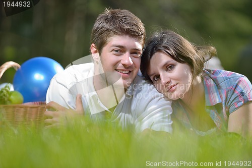 Image of happy young couple having a picnic outdoor