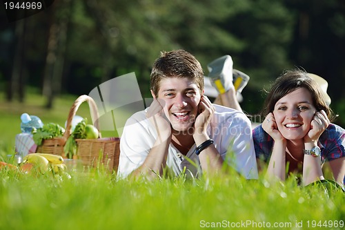 Image of happy young couple having a picnic outdoor