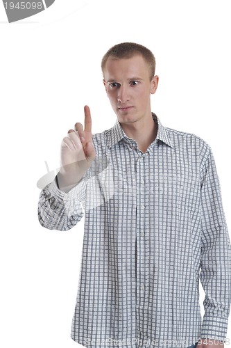 Image of handsome young business man touching screen isolated