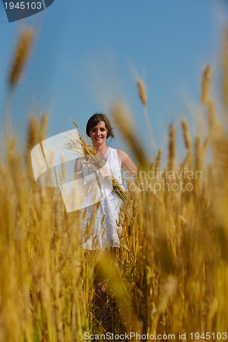 Image of young woman in wheat field at summer