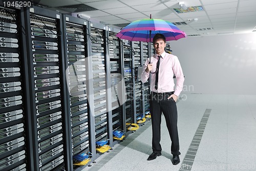 Image of businessman hold umbrella in server room