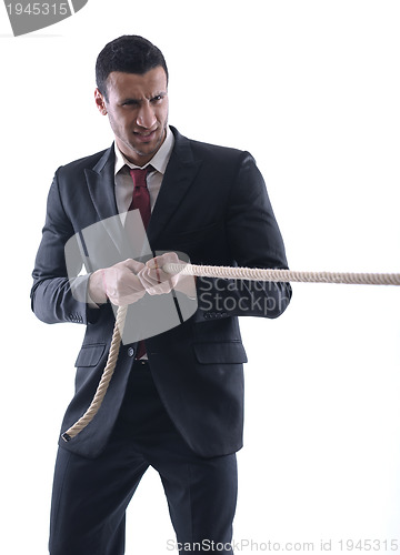 Image of business man with rope isolated on white background