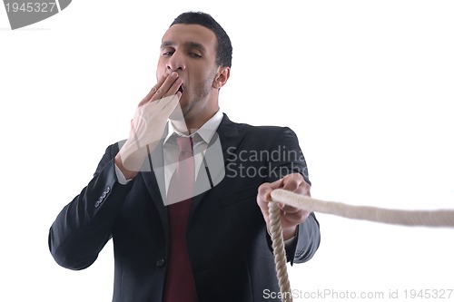 Image of business man with rope isolated on white background