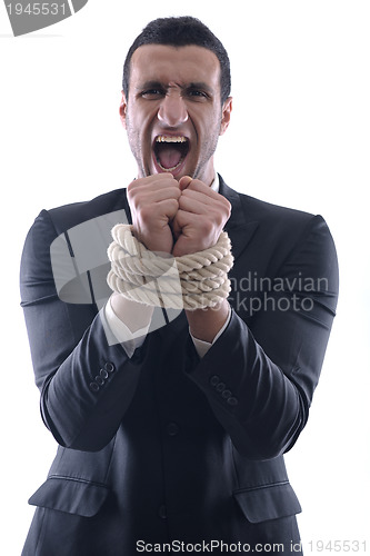 Image of business man with rope isolated on white background