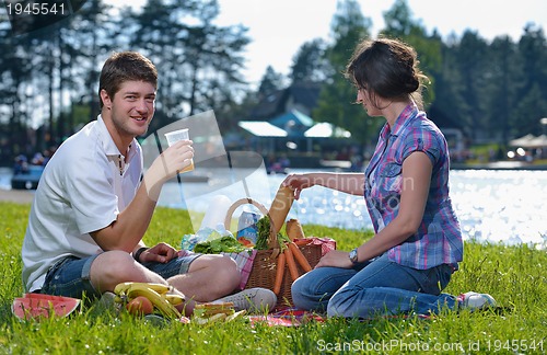 Image of happy young couple having a picnic outdoor