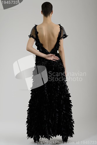 Image of elegant woman in fashionable dress posing in the studio