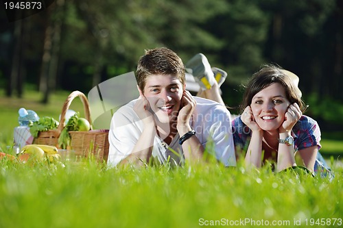 Image of happy young couple having a picnic outdoor