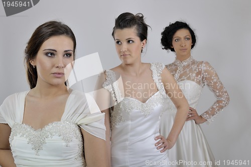 Image of portrait of a three beautiful woman in wedding dress