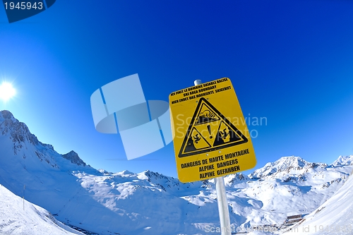 Image of Sign board at High mountains under snow in the winter