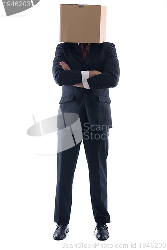 Image of business man with an box on his head