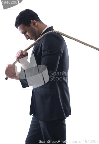 Image of business man with rope isolated on white background