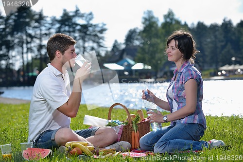 Image of happy young couple having a picnic outdoor
