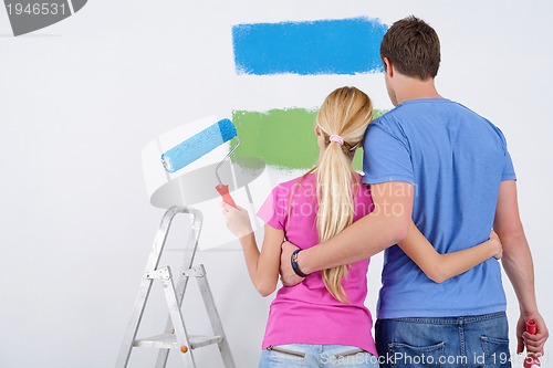 Image of happy couple paint wall at new home