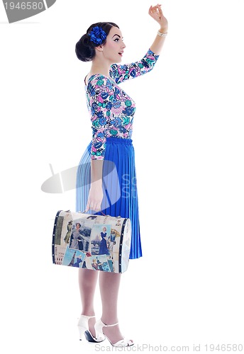 Image of pinup retro  woman with travel bag isolated