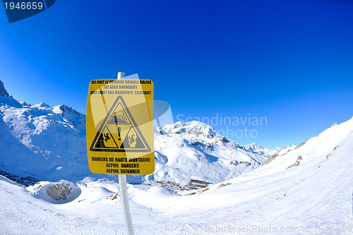 Image of Sign board at High mountains under snow in the winter