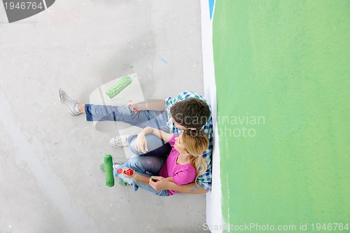 Image of happy smiling woman painting interior of house