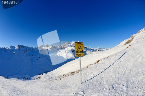 Image of Sign board at High mountains under snow in the winter