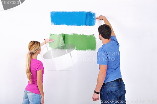 Image of happy couple paint wall at new home