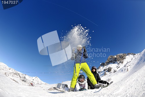 Image of winter portrait of friends at skiing