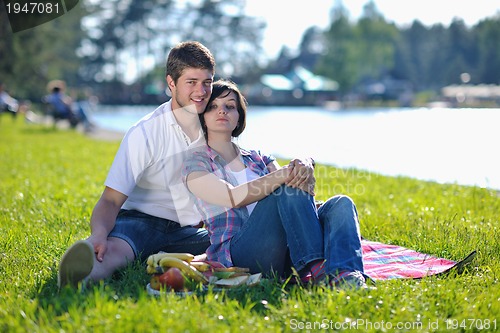 Image of happy young couple having a picnic outdoor