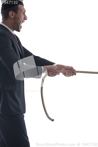 Image of business man with rope isolated on white background