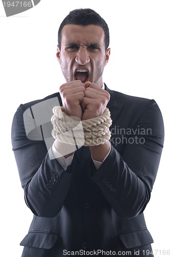 Image of business man with rope isolated on white background