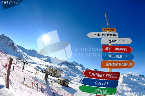 Image of Sign board at High mountains under snow in the winter