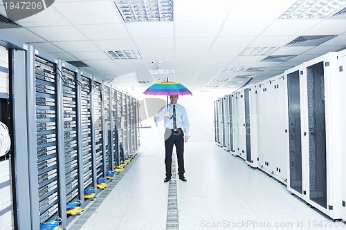 Image of businessman hold umbrella in server room