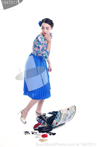 Image of pinup retro  woman with travel bag isolated