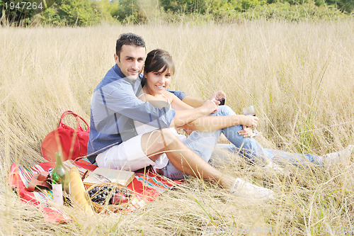 Image of happy couple enjoying countryside picnic in long grass