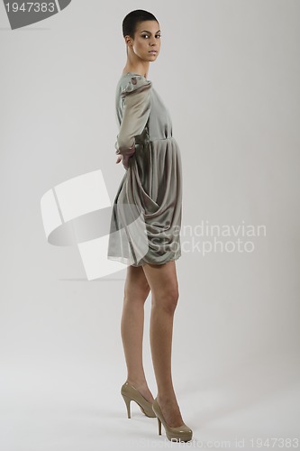 Image of elegant woman in fashionable dress posing in the studio
