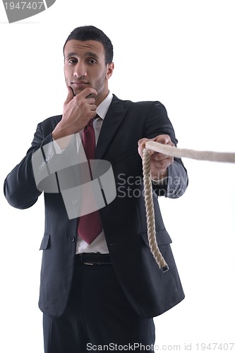 Image of business man with rope isolated on white background