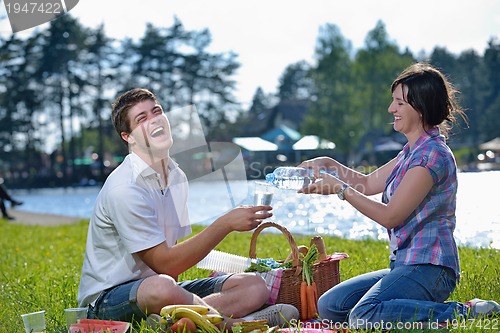 Image of happy young couple having a picnic outdoor
